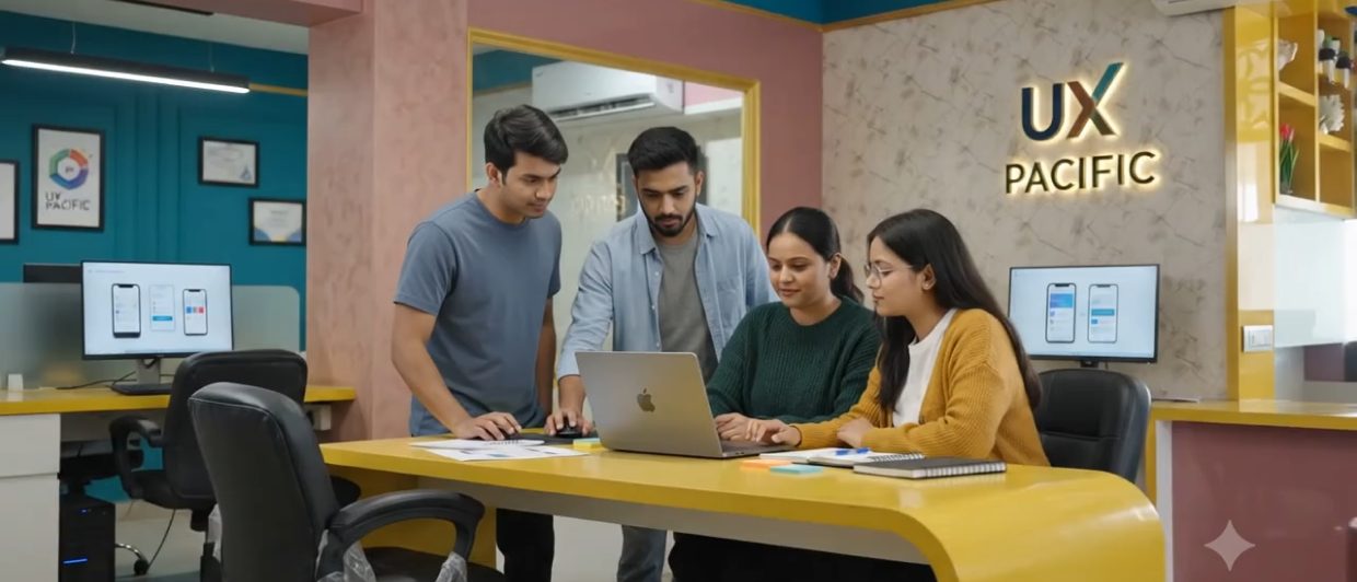 The UX Pacific studio, with the team working together at a shared desk